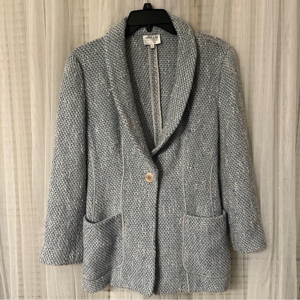 ARMANI COLLEZIONI Size 8 Blue Boucle Tweed Blazer Jacket Made
In Italy fb